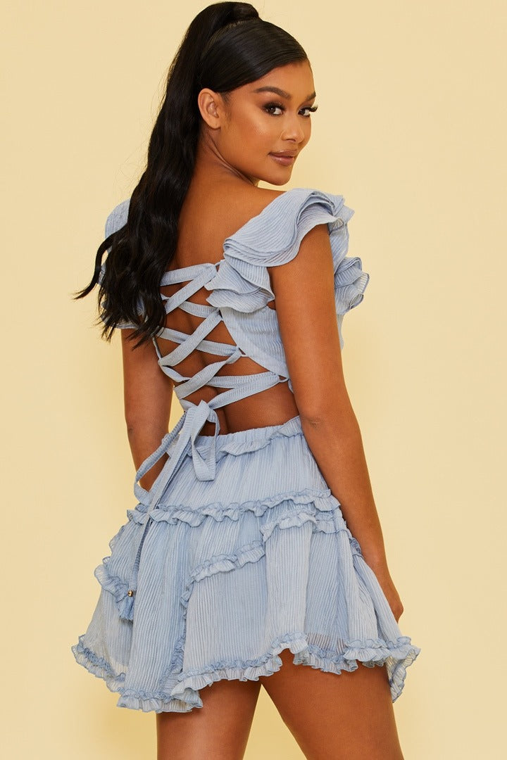 Elegant Light Blue Texture Detailed V-Neck Ruffle Cut-Out Back Tie-Up Dress with Band Sleeve Detailed