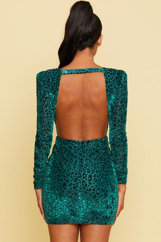 Elegant Hunter Green Animal Print Velvet Deep V-Neck Ruffle Tie-Up Open Back Dress with Long Sleeve