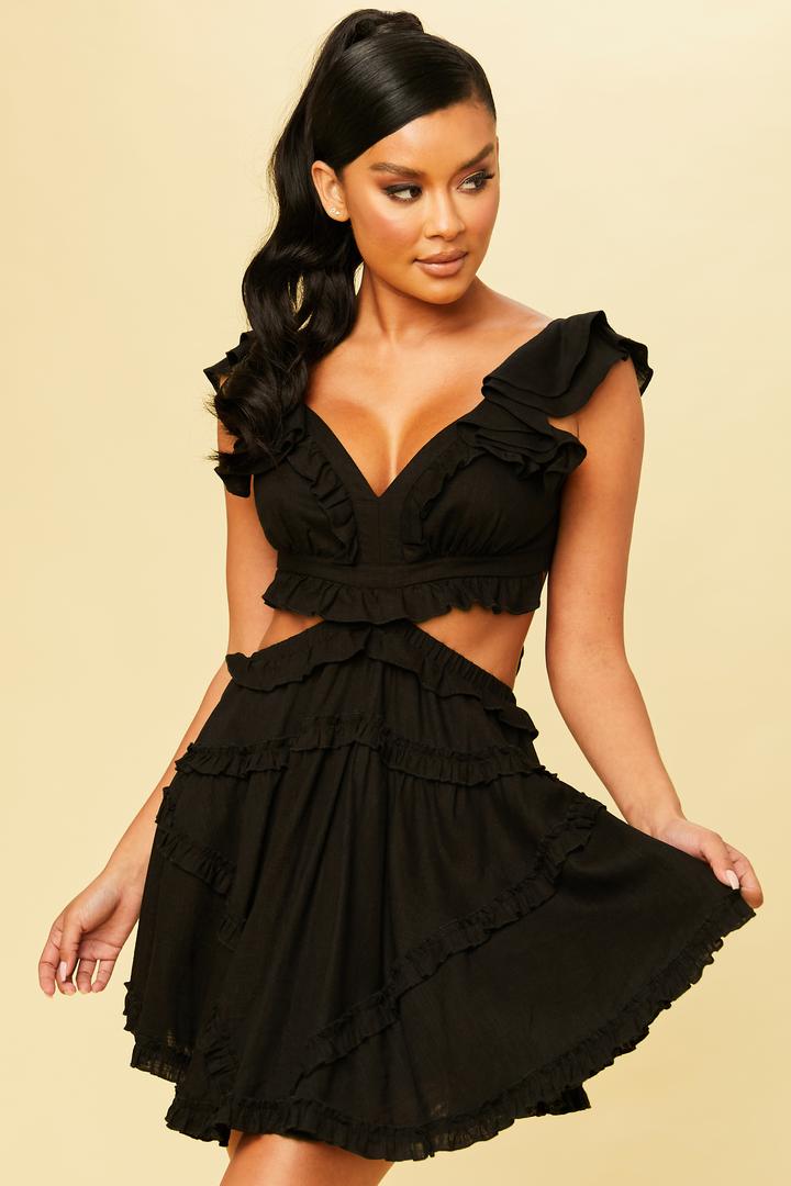 Elegant Summer Black V-Neck Ruffle Cut-Out Back Tie-Up Dress with Band Sleeve Detailed