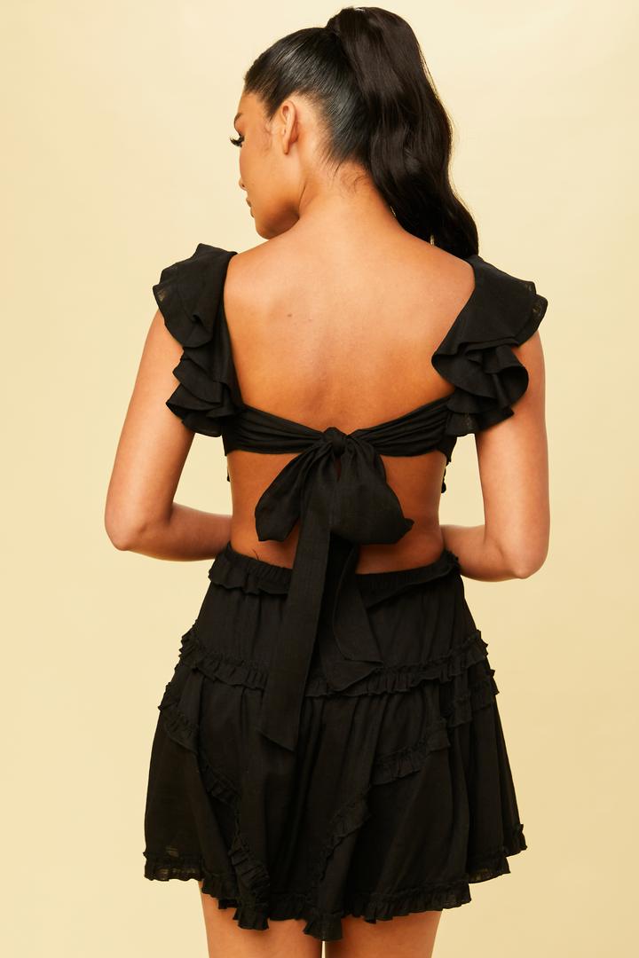 Elegant Summer Black V-Neck Ruffle Cut-Out Back Tie-Up Dress with Band Sleeve Detailed