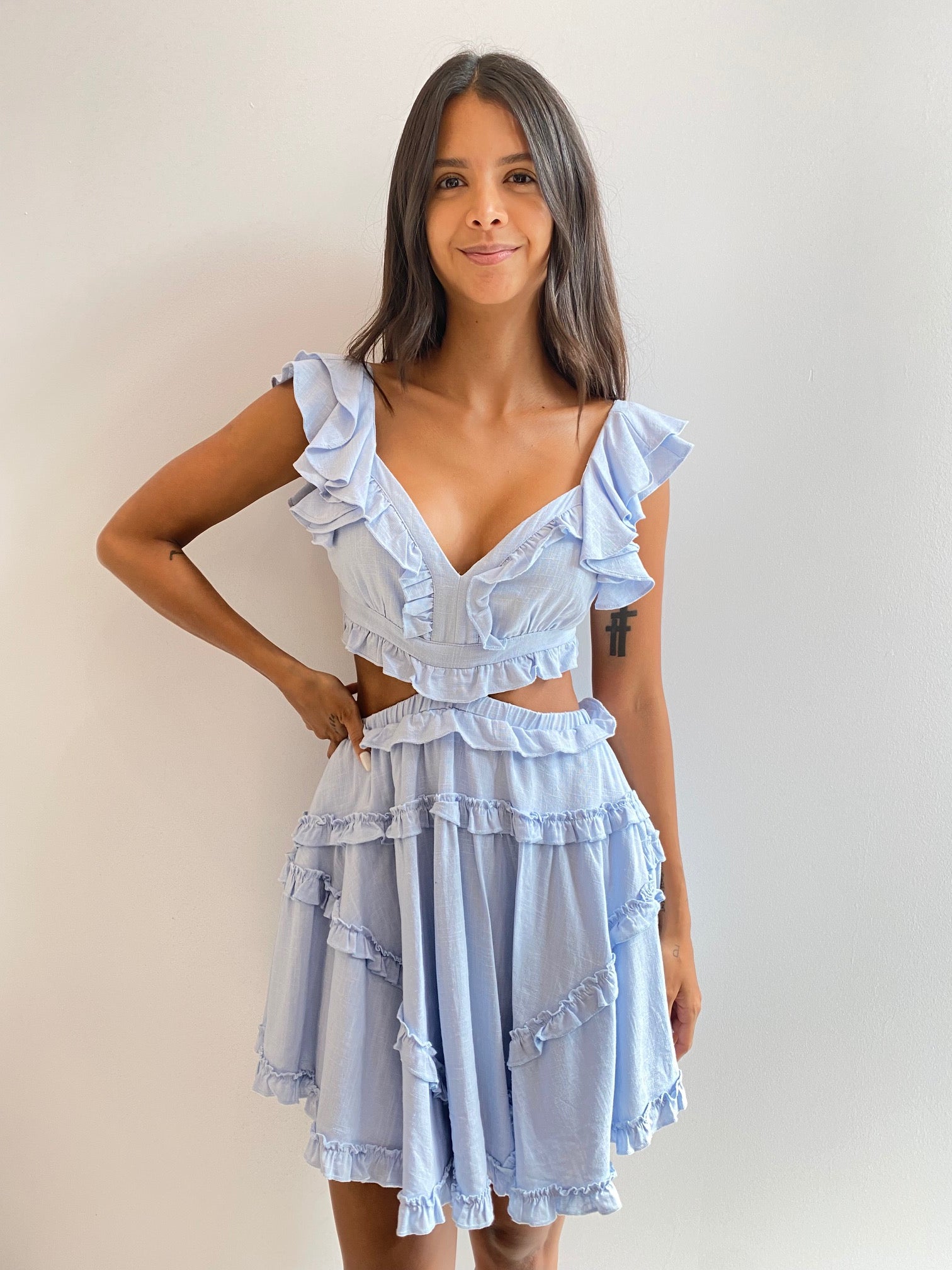 Elegant Summer Light Blue V-Neck Ruffle Cut-Out Back Tie-Up Dress with Band Sleeve Detailed S / Light Blue Elegant Summer Light Blue V-Neck Ruffle Cut-Out Back Tie-Up Dress with Band Sleeve Detailed S / Light Blue
