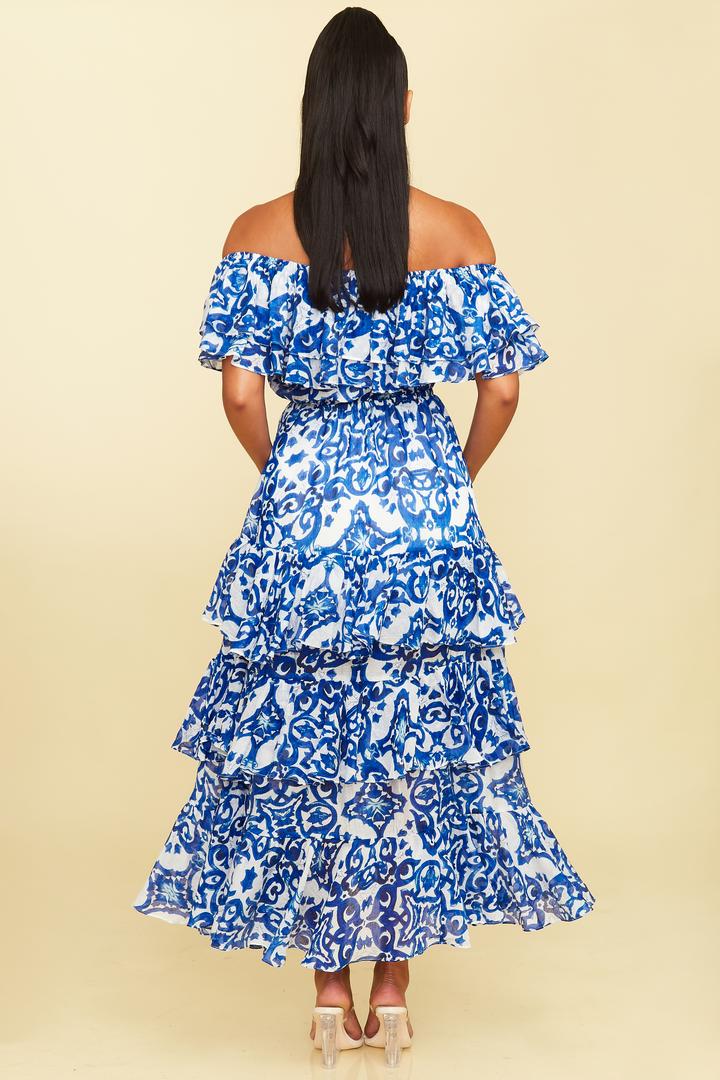 Fashion Off Shoulder Summer Blue Floral Print Ruffle Maxi Dress