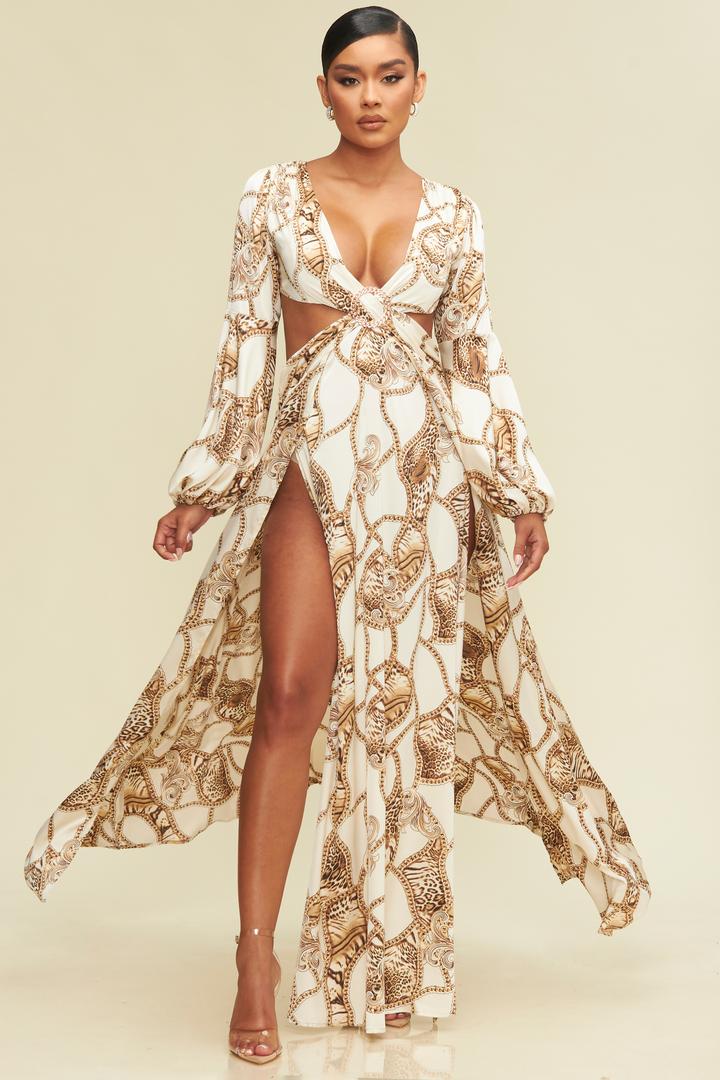 Elegant Ivory Brown Leopard Print V-Neck Cut-Out Satin Maxi Dress Long EDITE MODE Elegant Ivory Brown Leopard Print V-Neck Cut-Out Satin Maxi Dress Long EDITE MODE