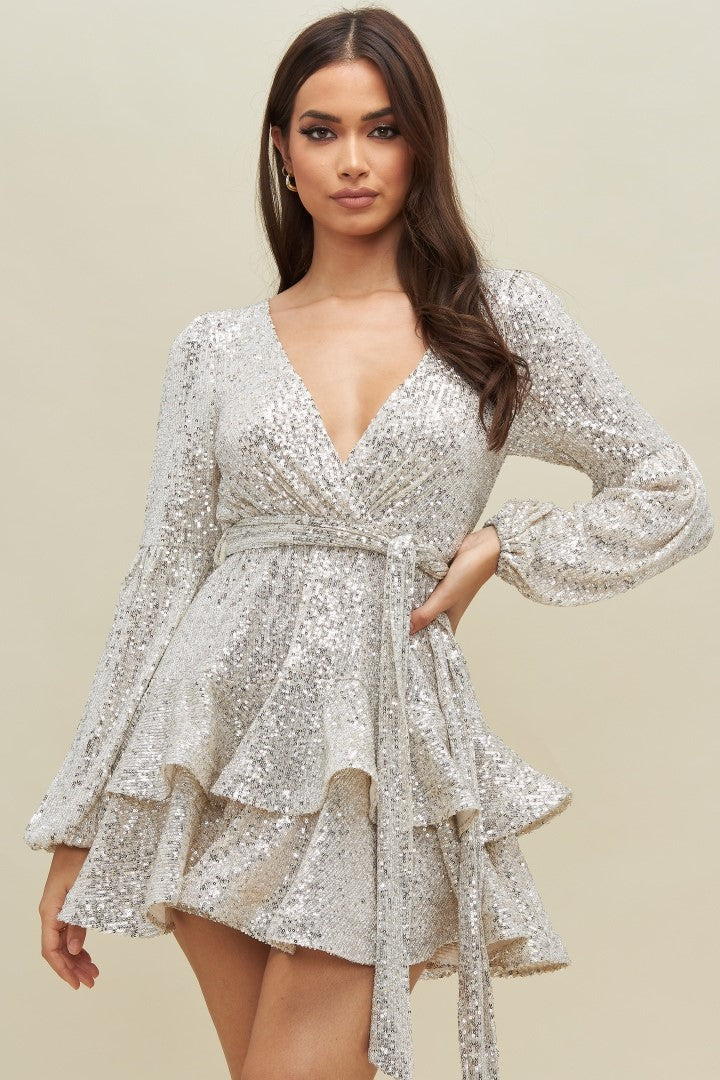 Elegant Nude Silver Sequence Lace Layered Ruffle Tie-Up Dress with Bel EDITE MODE Elegant Nude Silver Sequence Lace Layered Ruffle Tie-Up Dress with Bel EDITE MODE