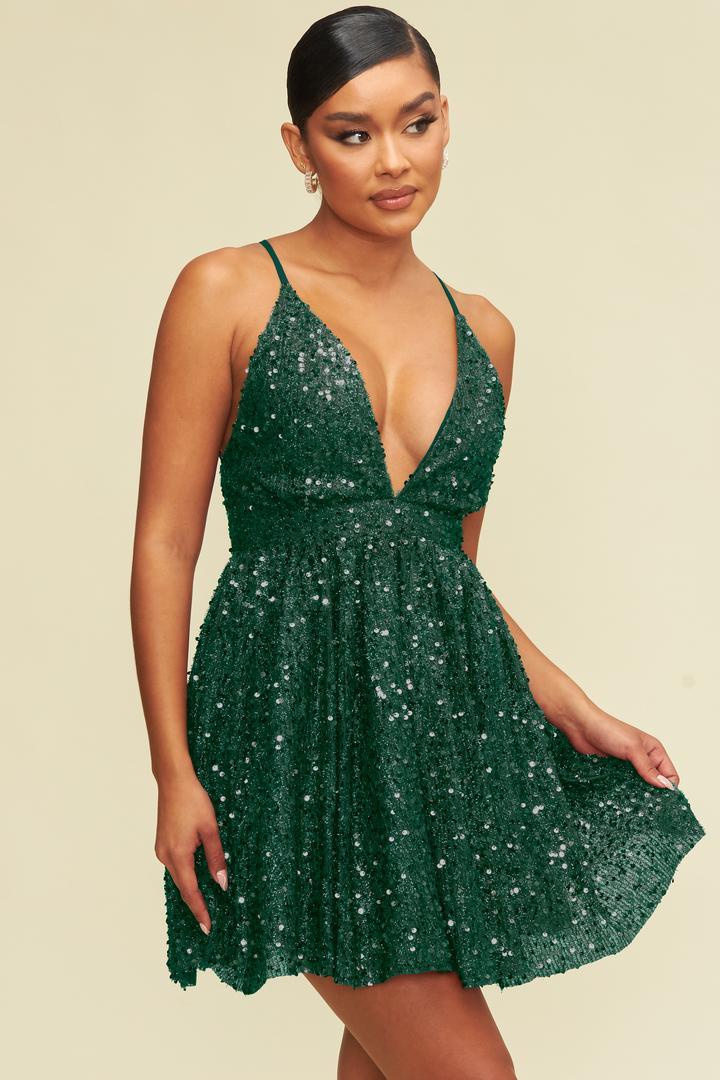 Elegant Hunter Green Sequence Strap V-Neck Ruffle Dress L / Hunter Green Elegant Hunter Green Sequence Strap V-Neck Ruffle Dress L / Hunter Green