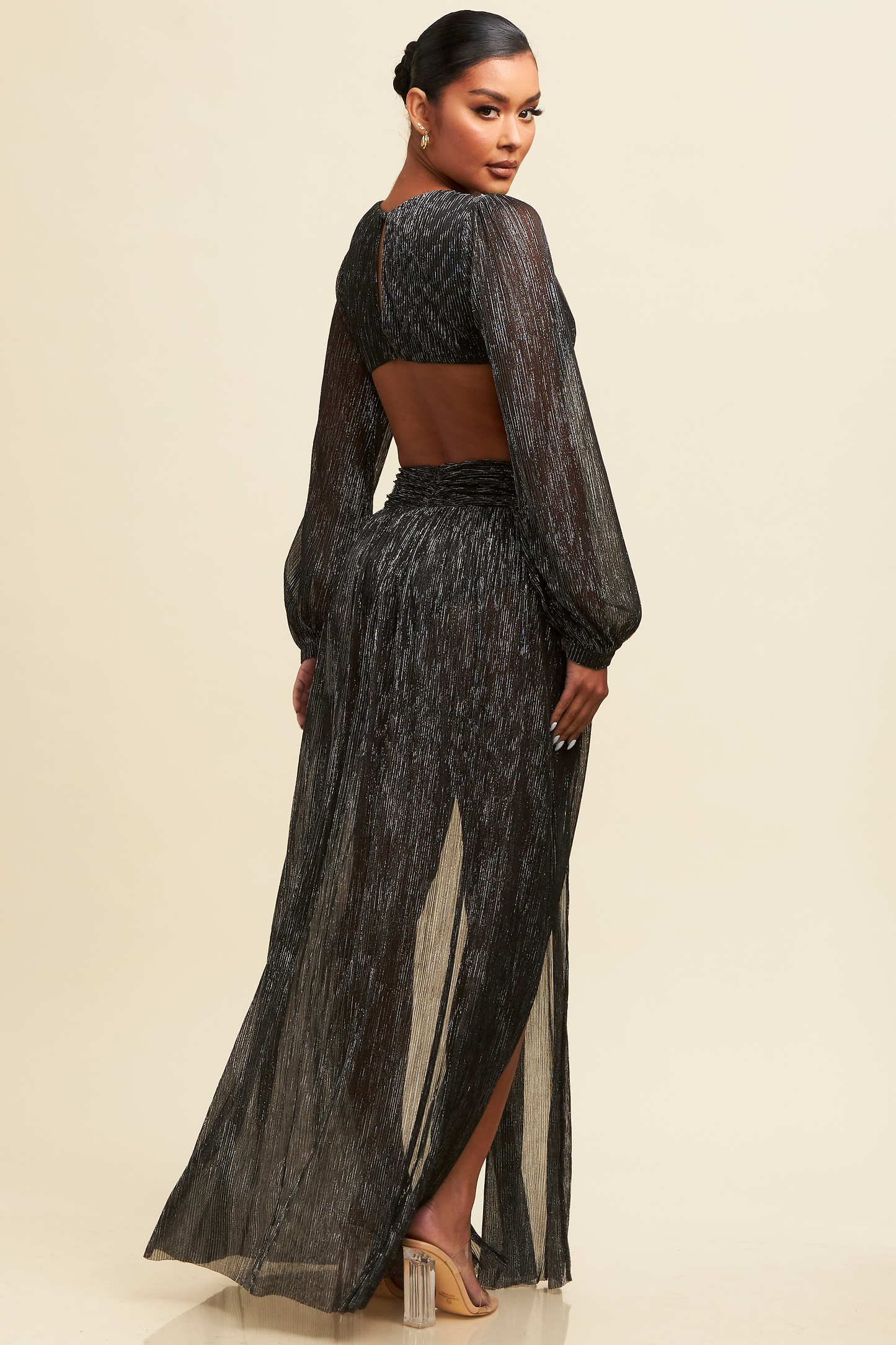 Elegant Black Silver V-Neck Ruffle Cut-Out Open Back Maxi Dress with Long Sleeve