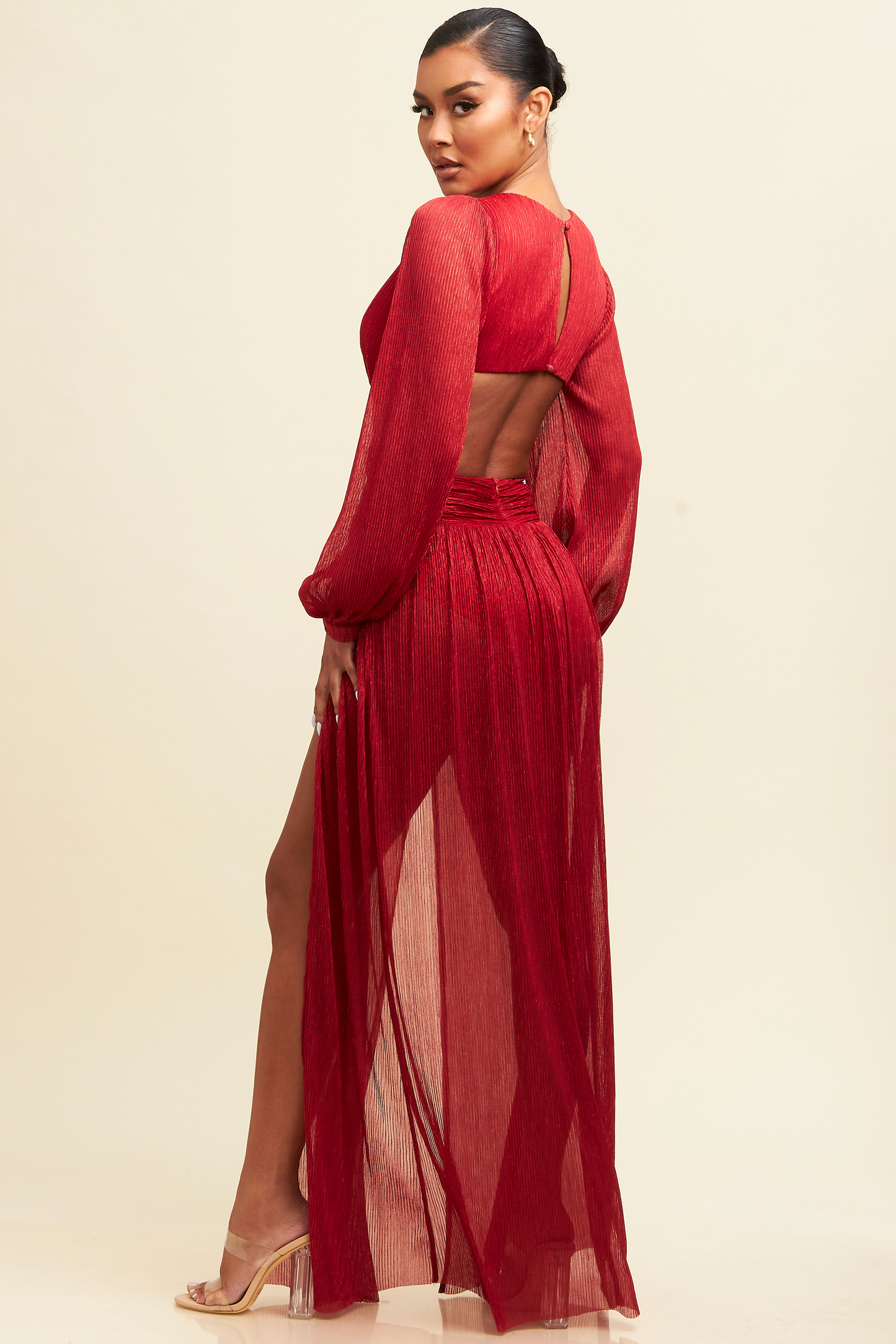 Elegant Red V-Neck Ruffle Cut-Out Open Back Maxi Dress with Long Sleeve