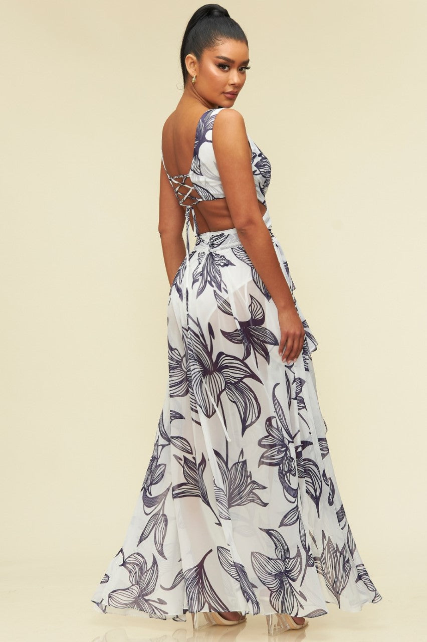 Fashion White Navy Floral Print V-Neck Cut-Out Back Tie-Up Maxi Dress with Middle Slit