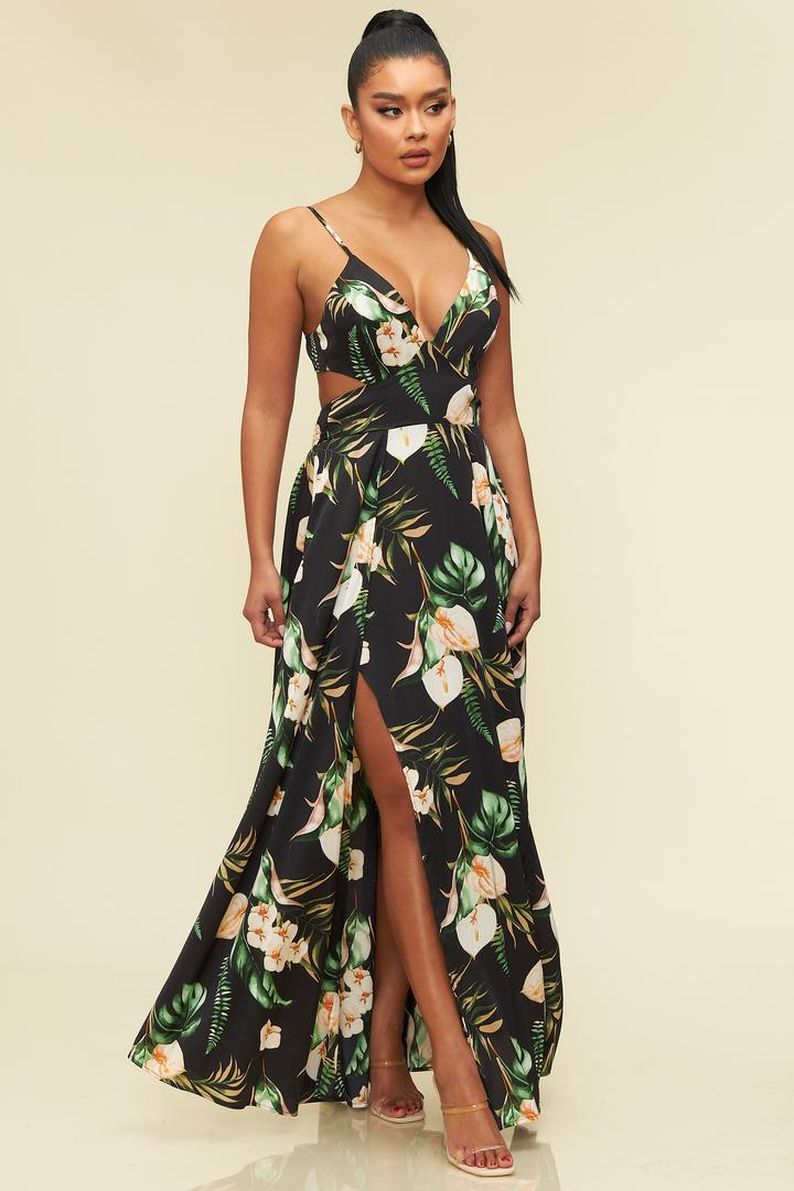 Elegant Strap Black Floral Print V-Neck Cut-Out Satin Back Tie-Up Maxi Dress with Middle Slit