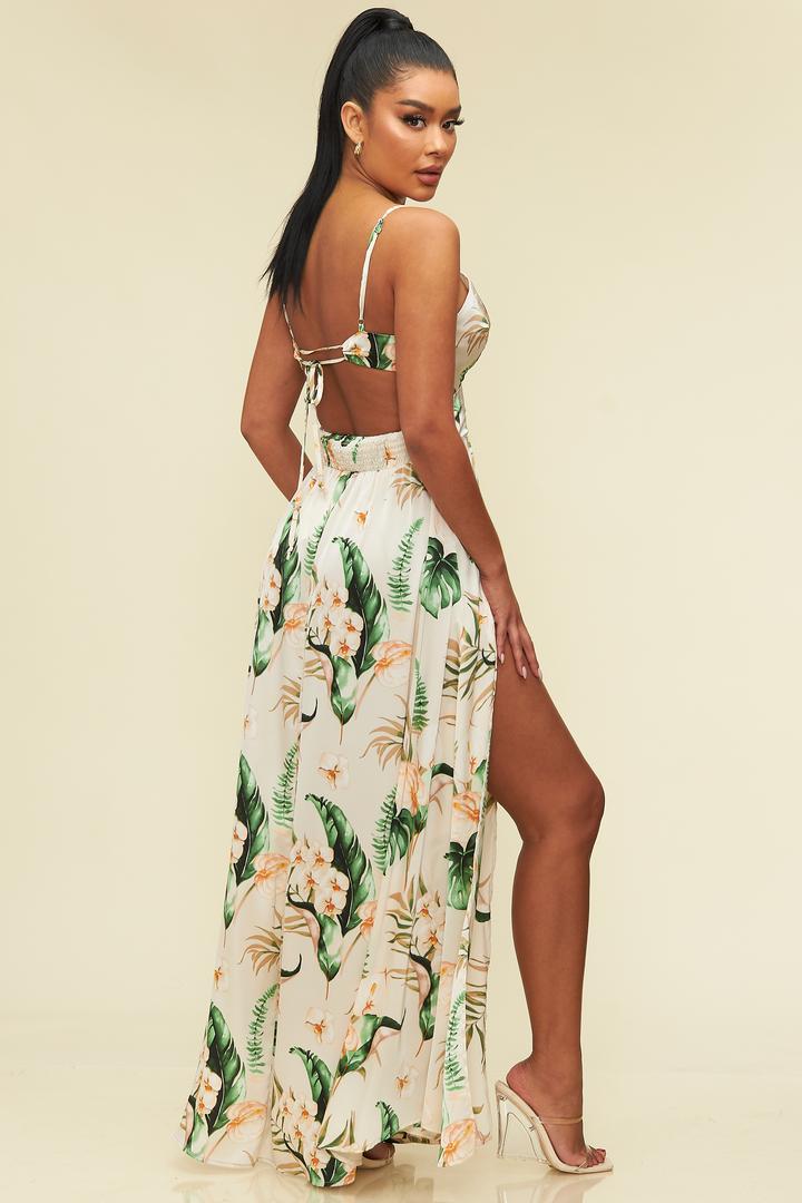 Elegant Strap Ivory Floral Print V-Neck Cut-Out Satin Back Tie-Up Maxi Dress with Middle Slit