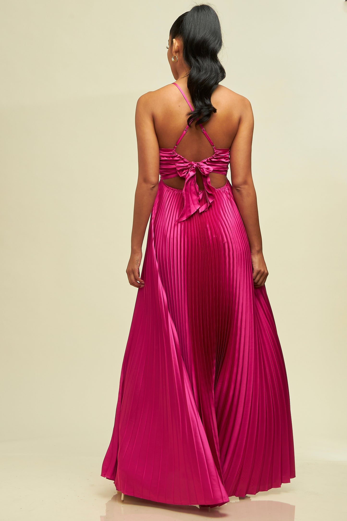 Elegant Magenta Strap Pleated V-Neck Ruffle Back Tie-Up Satin Maxi Dress