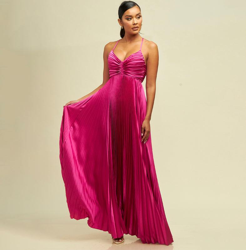Elegant Magenta Strap Pleated V-Neck Ruffle Back Tie-Up Satin Maxi Dre – EDITE MODE Elegant Magenta Strap Pleated V-Neck Ruffle Back Tie-Up Satin Maxi Dre – EDITE MODE