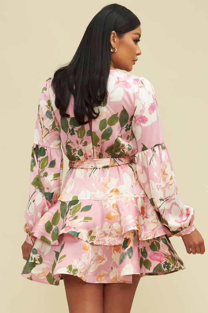 Fashion Pink Multi-Color Floral Print Satin Layered Ruffle Tie-Up Dress with Bell Sleeve
