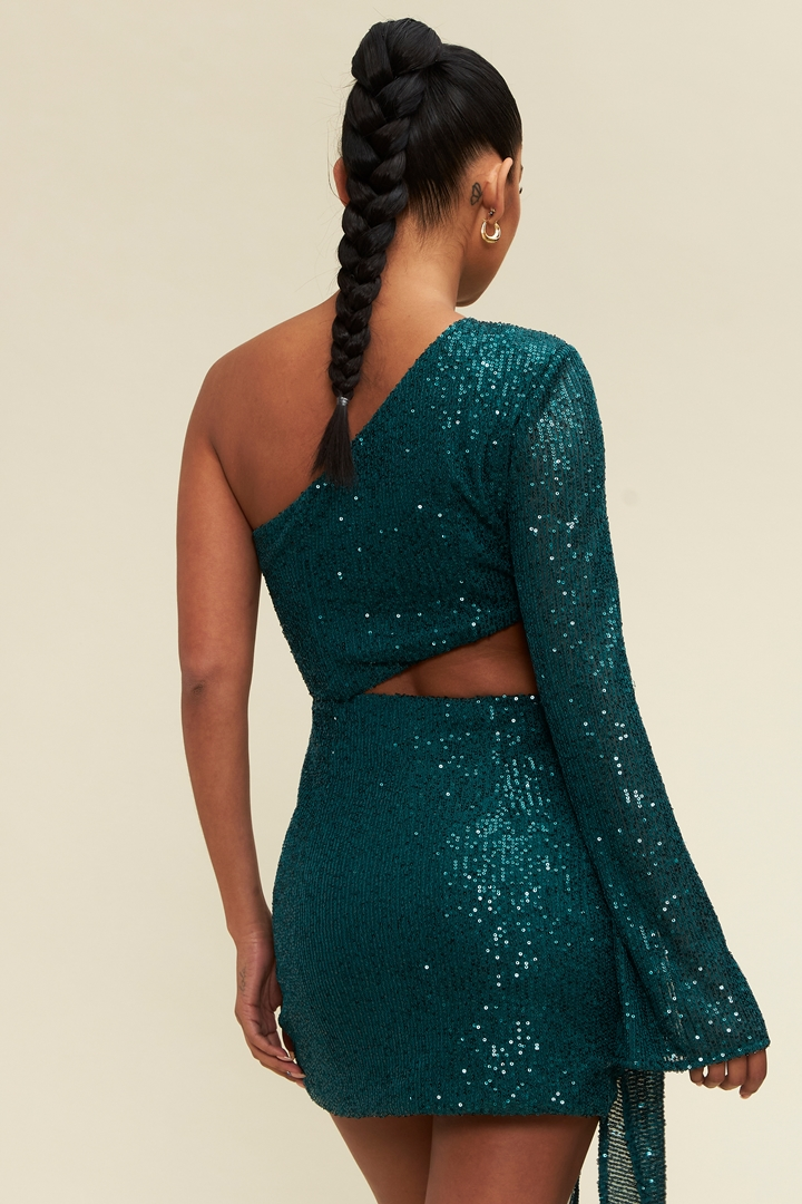 Elegant Emerald One Shoulder Sequence Cut-Out Detailed Ruffle Dress