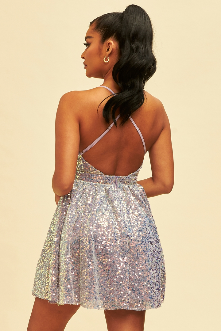 Elegant Lilac Sequence Strap Deep V-Neck Dress