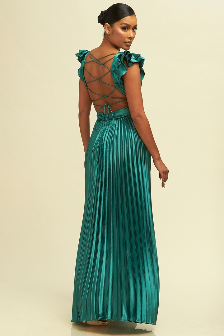 Elegant Hunter Green Pleated Band Detailed V-Neck Ruffle Back Tie-Up Satin Maxi Dress