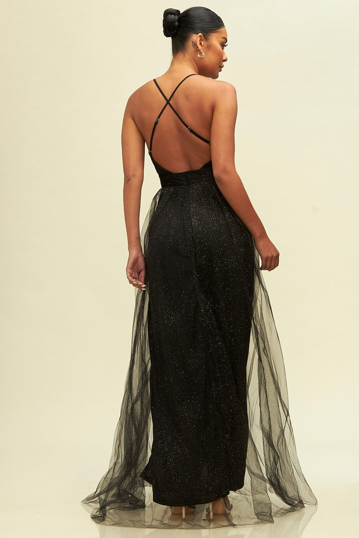 Elegant Black Gold Glitter Detailed Strap Deep V-Neck Maxi Dress