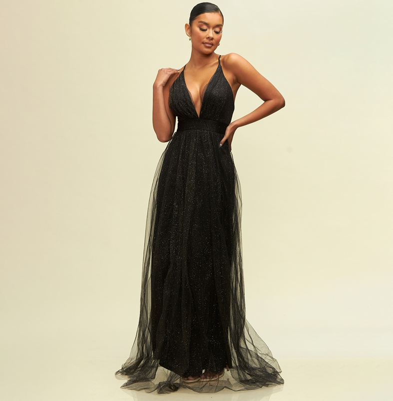 Elegant Black Gold Glitter Detailed Strap Deep V-Neck Maxi Dress L / Black Elegant Black Gold Glitter Detailed Strap Deep V-Neck Maxi Dress L / Black