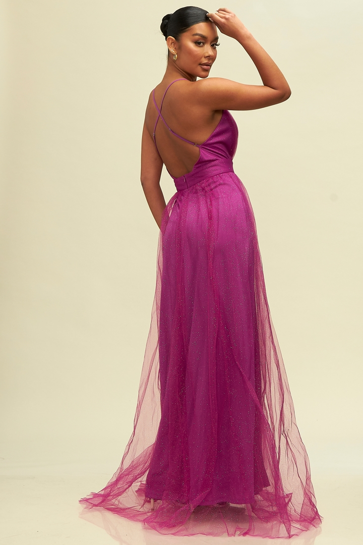 Elegant Magenta Gold Glitter Detailed Strap Deep V-Neck Maxi Dress