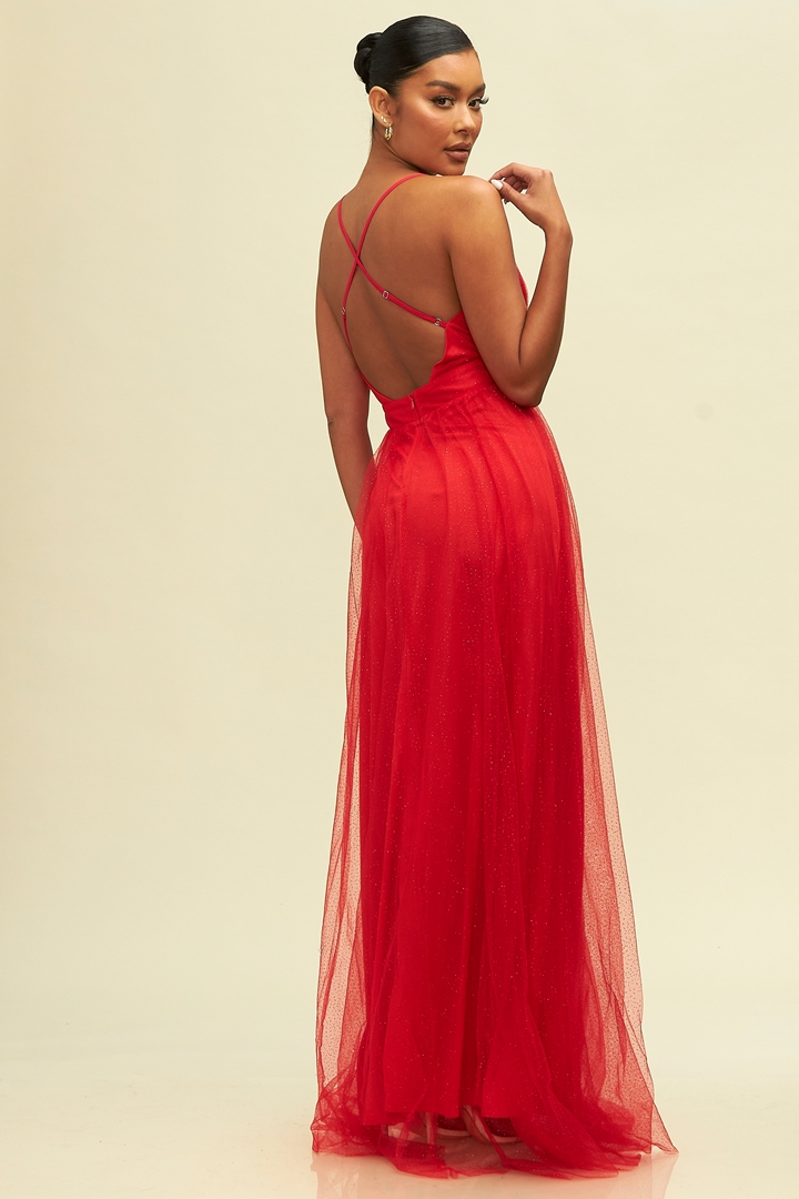 Elegant Red Crystal Glitter Detailed Strap Deep V-Neck Maxi Dress