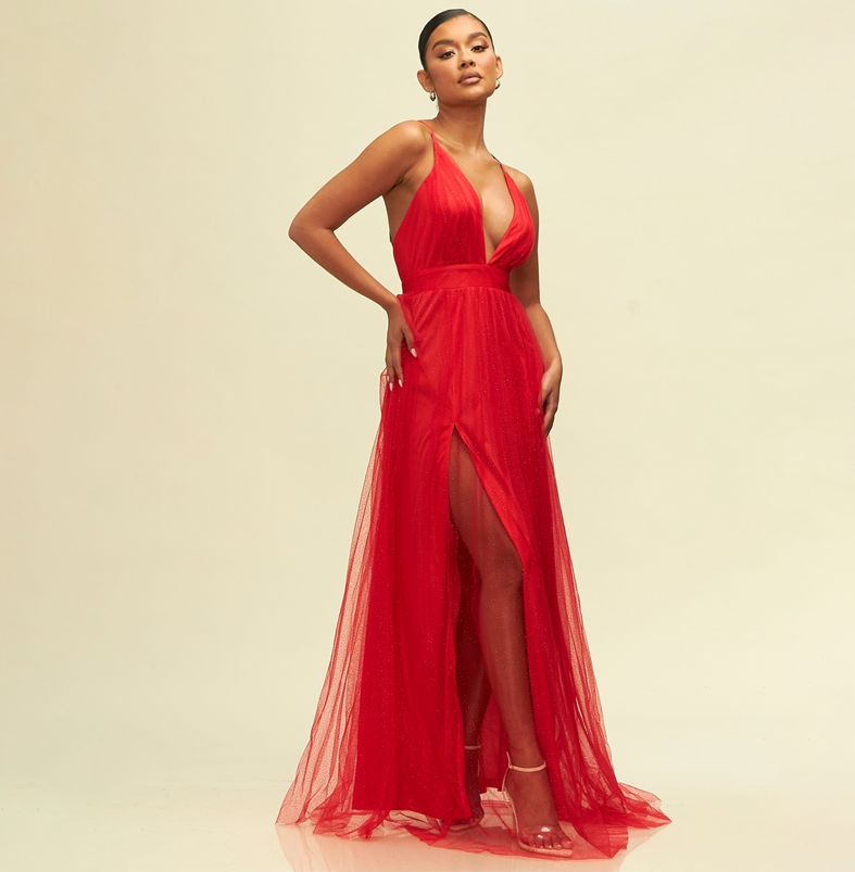 Elegant Red Crystal Glitter Detailed Strap Deep V-Neck Maxi Dress L / Red Elegant Red Crystal Glitter Detailed Strap Deep V-Neck Maxi Dress L / Red