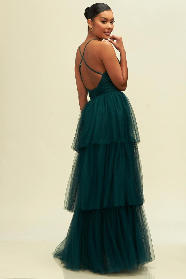 Elegant Hunter Green Strap Deep V-Neck Layered Ruffle Maxi Dress