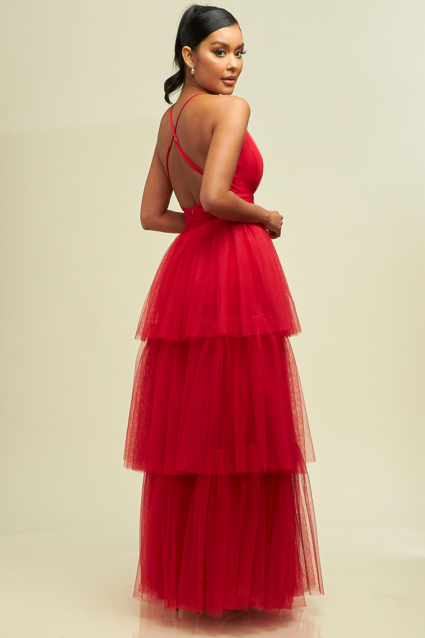 Elegant Red Strap Deep V-Neck Layered Ruffle Maxi Dress