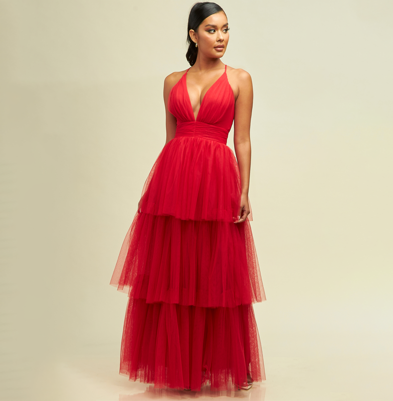 Elegant Red Strap Deep V-Neck Layered Ruffle Maxi Dress