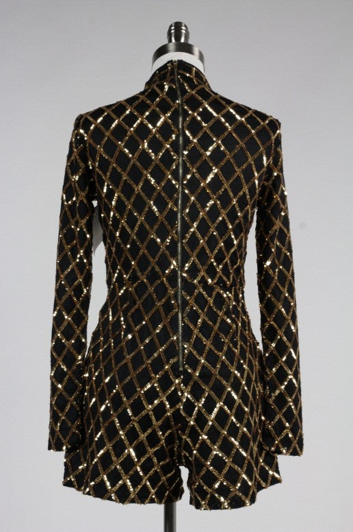 Elegant Gold Checkered Sequence Black Romper