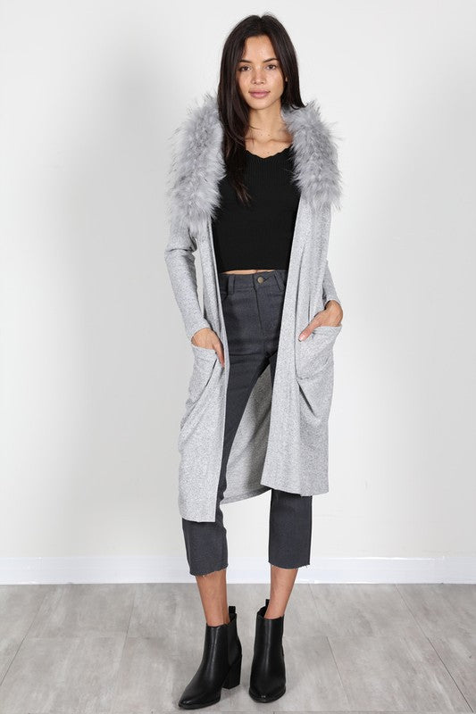 Elegant Light Grey Faux Fur Cardigan