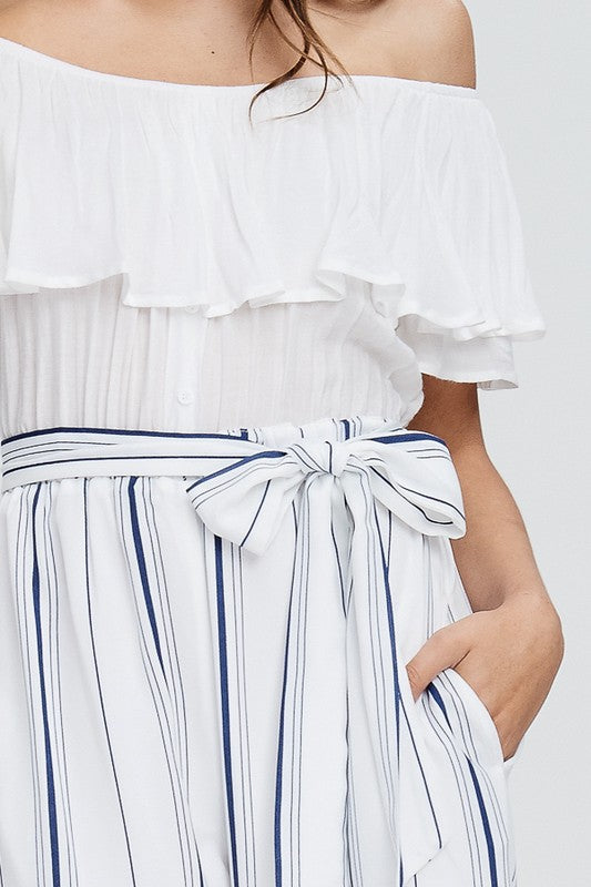 Fashion Off Shoulder Ruffle White Navy Contrast Tie-Up Jumpsuit