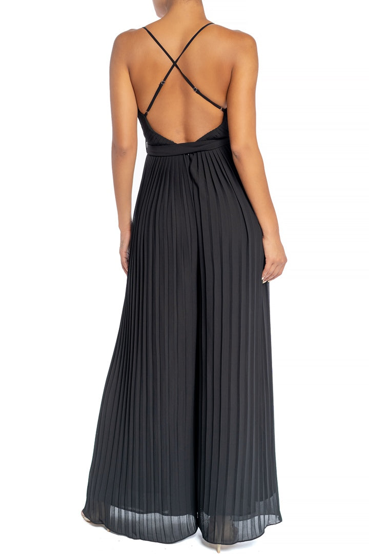 Elegant Strap Pleated Palazzo Tie-Up Black Jumpsuit