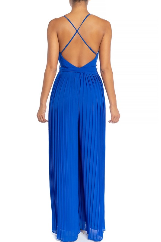 Elegant Strap Pleated Palazzo Tie-Up Royal Blue Jumpsuit