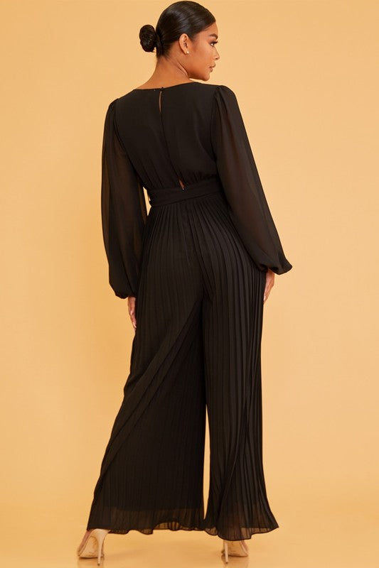 Elegant Black Deep V-Neck Pleated Palazzo Tie-Up Jumpsuit with Long Sleeve