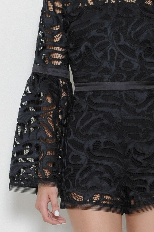 Elegant Black Floral Lace Bell Sleeve Romper