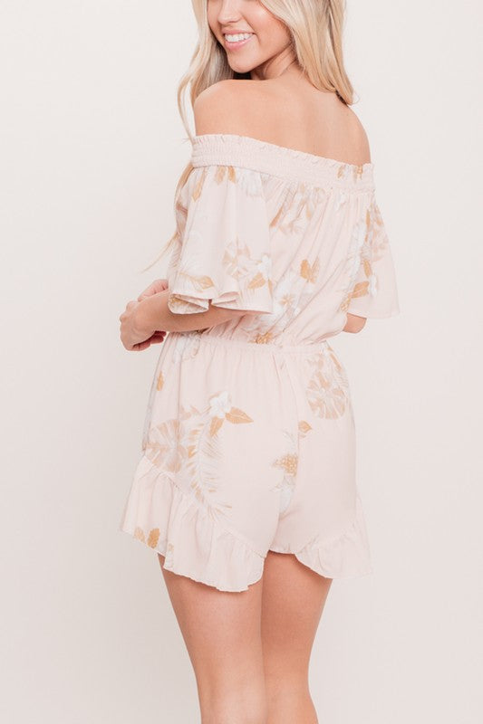 Fashion Off Shoulder Beige Floral Print Ruffle Romper
