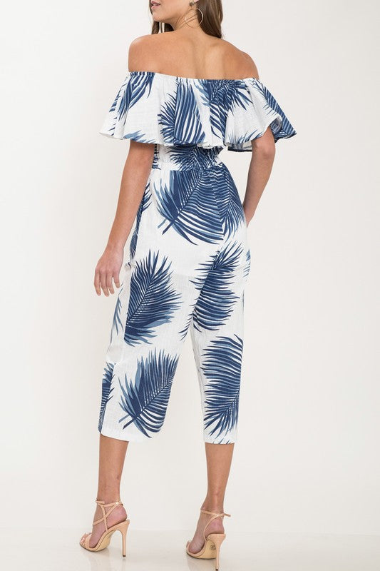 Fashion Blue Tropical Print Off Shoulder Jumpsuit