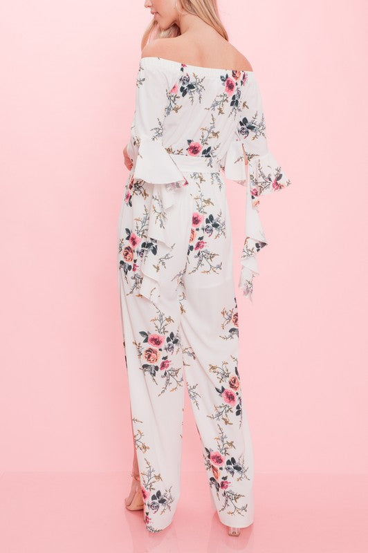 Elegant Floral Print Off Shoulder Jumpsuit with Bell Sleeve