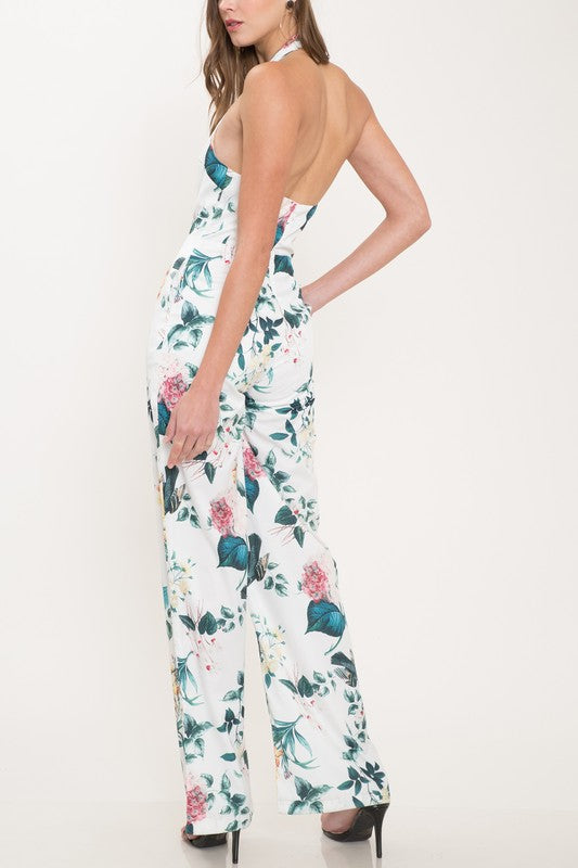 Elegant Leaf Print Halter Tie-Up Jumpsuit