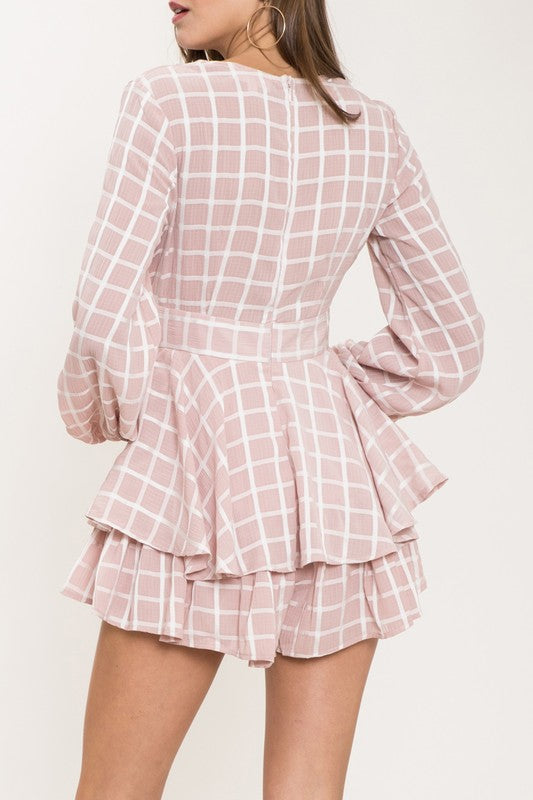 Fashion Ruffle Pink Checkered Romper with Long Sleeve