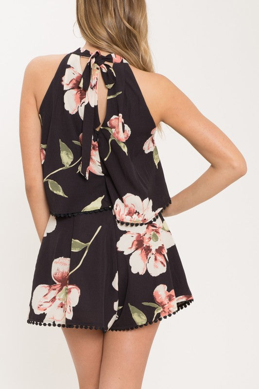Fashion Black Floral Print Halter Romper