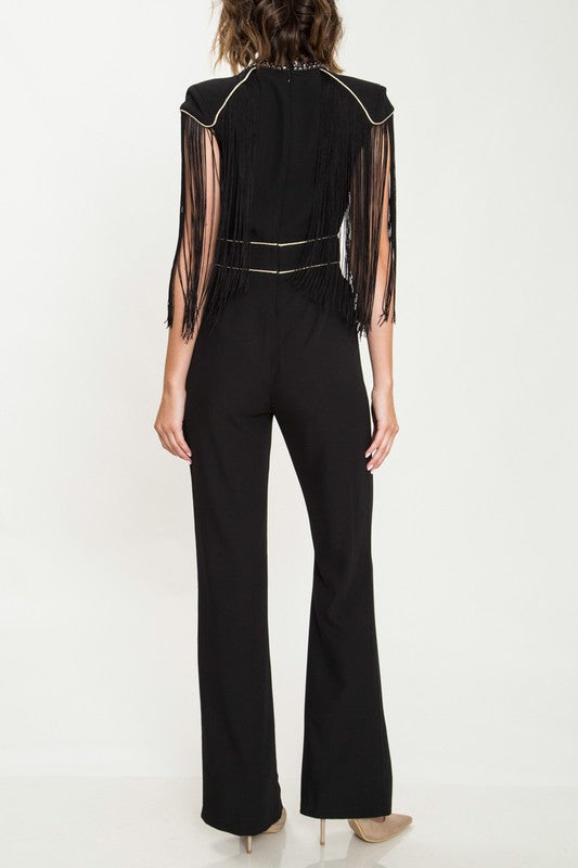 Elegant Cocktail Tassel Gold Shoulder Trim Deep V-Neck Black Jumpsuit
