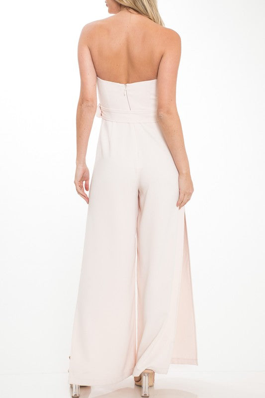 Elegant Strapless Corset Cut Out Beige Jumpsuit with Belt