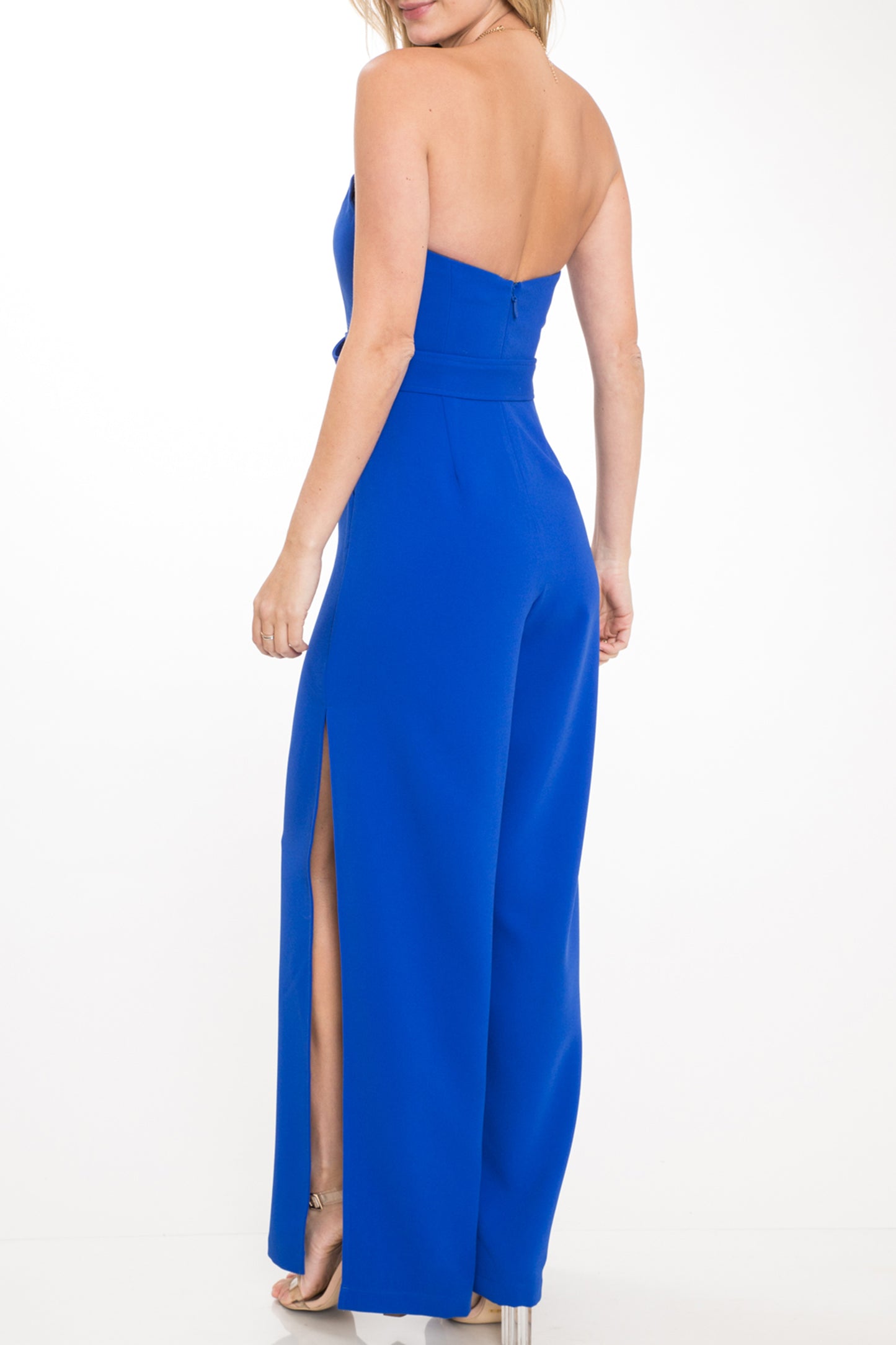 Elegant Strapless Corset Cut Out Blue Jumpsuit with Belt