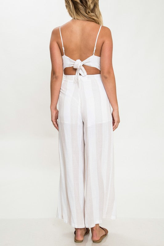 Elegant Beige Striped White Back Tie-Up Jumpsuit