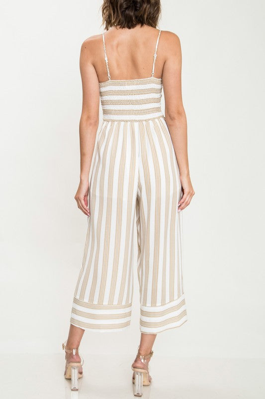 Fashion Summer Strap Beige Marine Front Tie-Up Jumpsuit