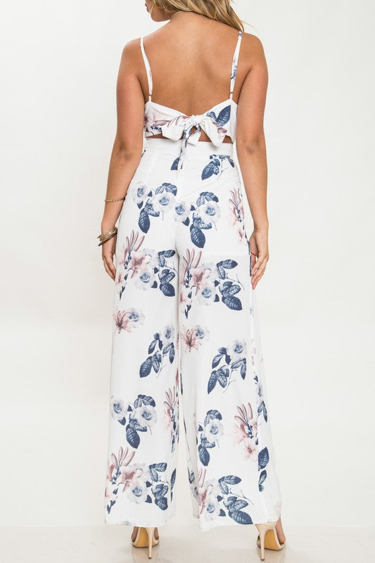Elegant Strap White Floral Print Back Tie-Up Jumpsuit