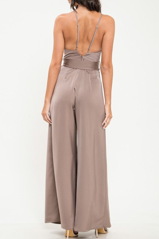 Fashion Strap Cut Out Tie-Up Mocha Satin Jumpsuit
