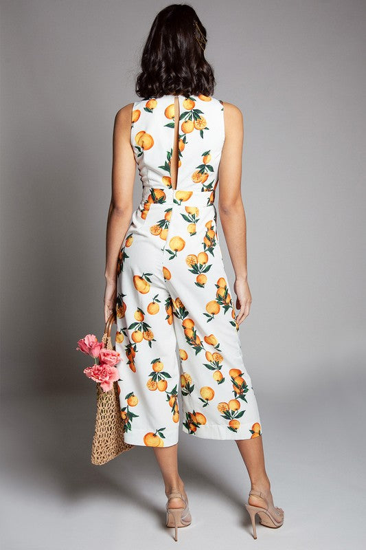 Fashion Summer Ivory Tie-Up Orange Print Cropped Jumpsuit