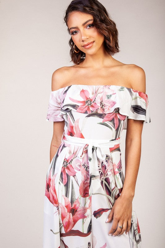 Elegant Pink Off Shoulder Multi-Color Floral Print Ruffle Tie-Up Jumpsuit